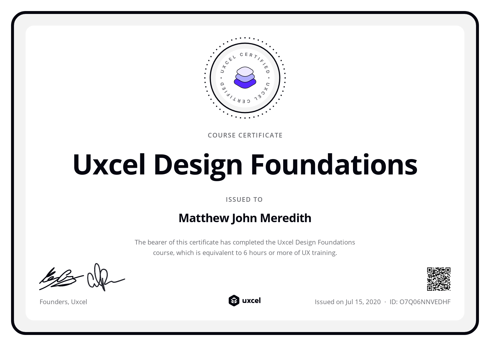 Matthew John Meredith's certificate